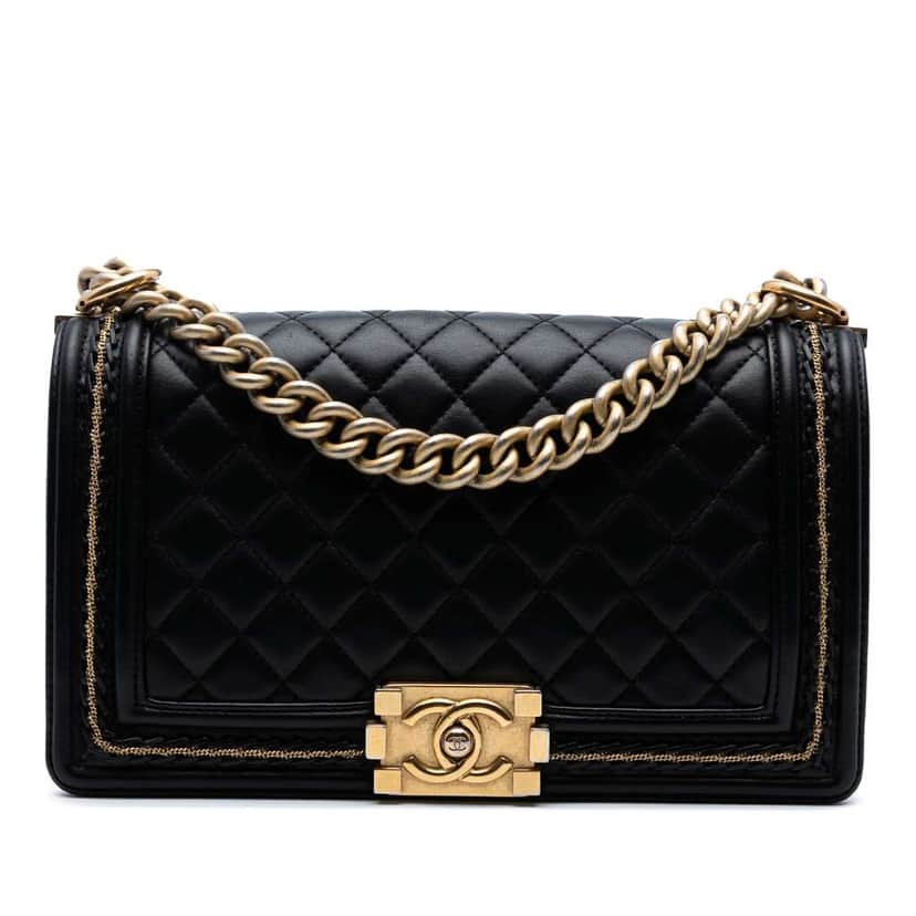 Chanel Old Medium Quilted Lambskin Chain Boy Flap Black Leather Good condition - Front View