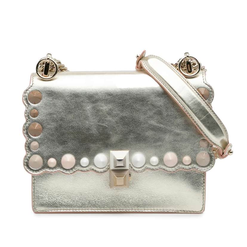 Fendi Small Scalloped Metallic Calfskin Studded Pearl Kan I Crossbody Silver Leather Good condition - Front View