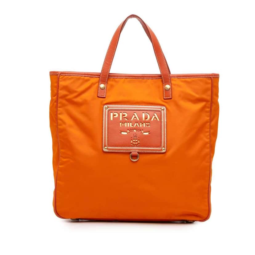 Prada Saffiano Trimmed Tessuto Logo Oro Satchel Orange Very good condition - Front View
