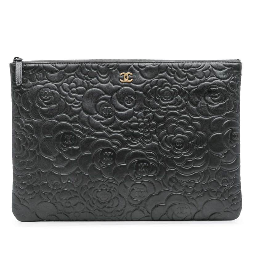 Chanel Large CC Embossed Lambskin Camellia O Case Clutch Black Leather Good condition - Front View