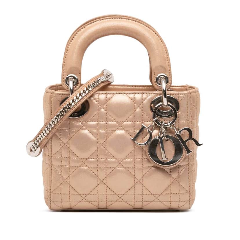 Dior Mini Iridescent Lambskin Cannage Lady Dior Gold Leather Good condition - Front View