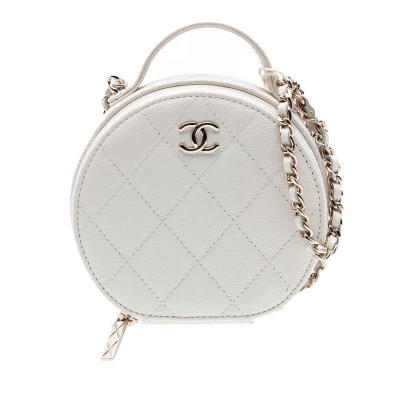 Chanel Quilted Caviar Handle With Care Round Vanity Case with Chain White Leather Good condition - Front View
