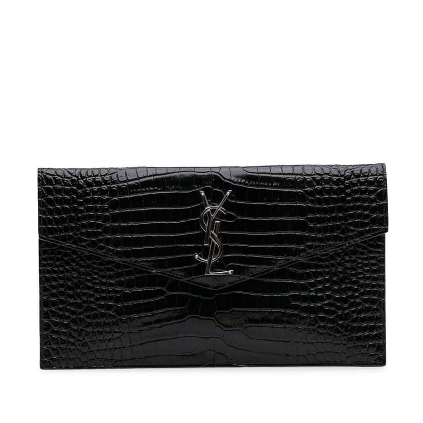 Saint Laurent Croc Embossed Patent Leather Uptown Pouch Black Leather Good condition - Front View