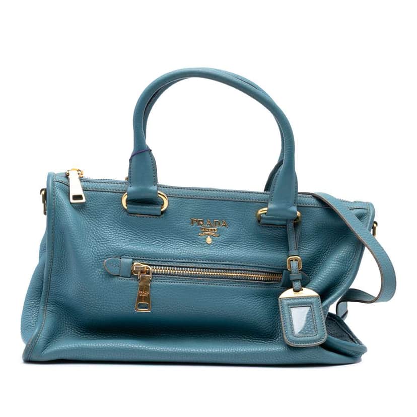 Prada Vitello Daino Zip Top Satchel Blue Leather Very good condition - Front View