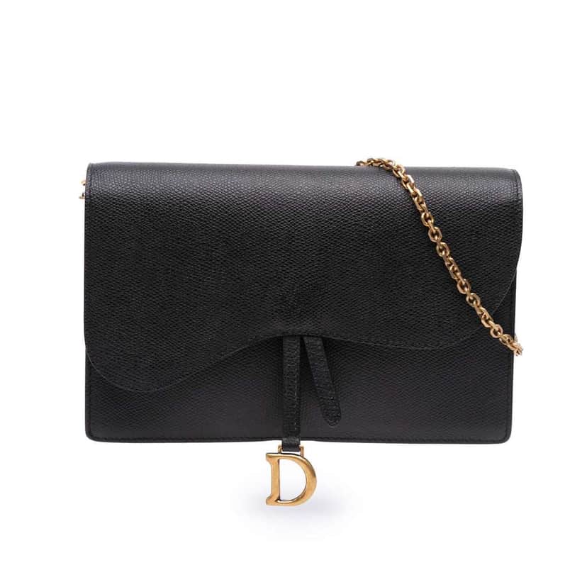 Dior Grained Calfskin Saddle Chain Pouch Black Leather Good condition - Front View