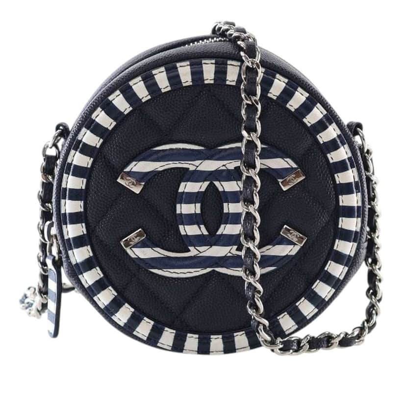 Chanel Caviar Striped CC Filigree Round Crossbody Blue Leather Good condition - Front View