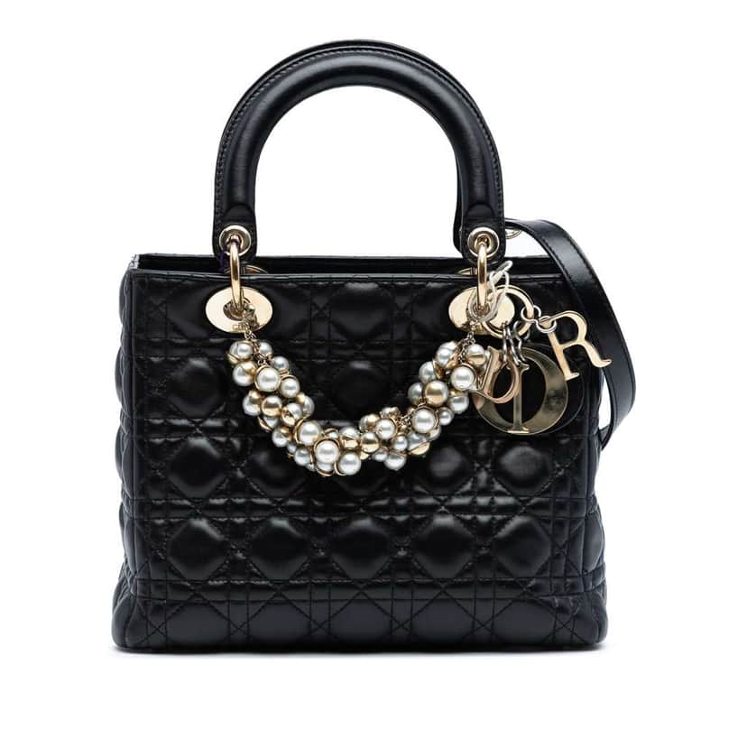 Dior Medium Lambskin Cannage Pearl Lady Dior Black Leather Good condition - Front View
