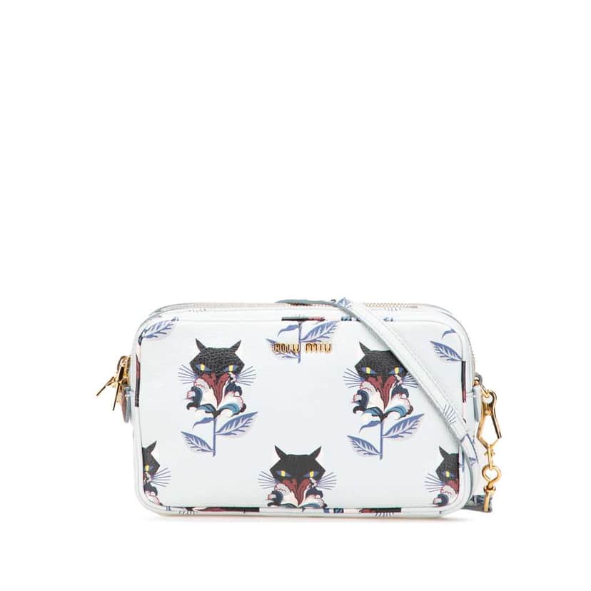 Miu Miu Goatskin Madras Cat Print Double Zip Crossbody Blue Leather Good condition - Front View