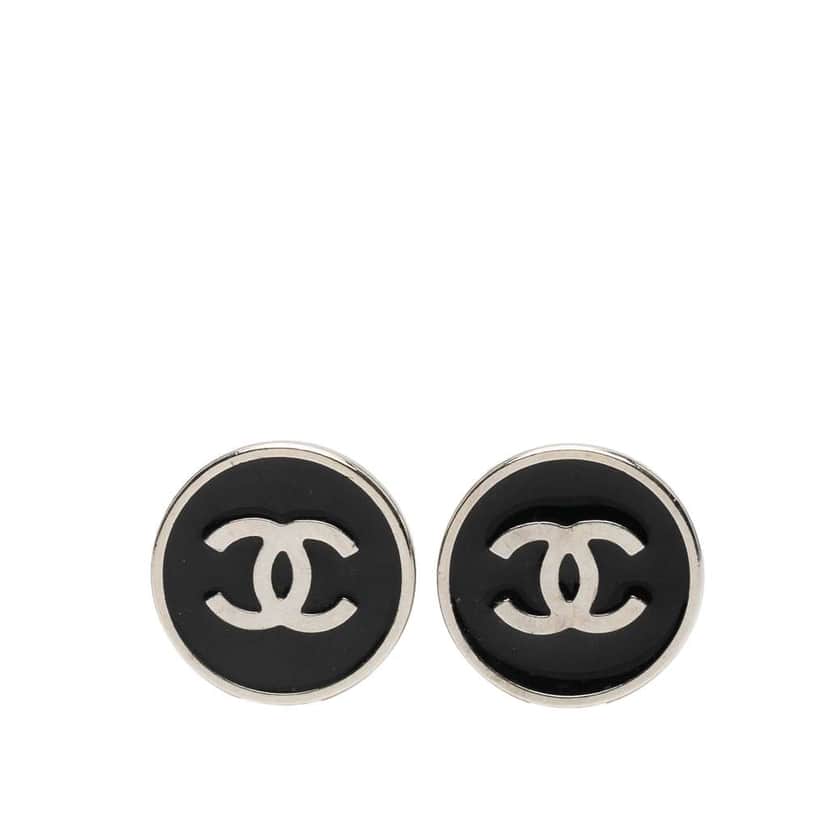 Chanel Silver Plated and Enamel CC Round Button Clip On Earrings Black Good condition - Front View