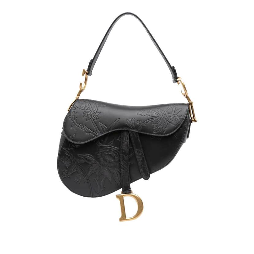 Dior Embossed Calfskin Jardin Botanique Saddle Bag Black Leather Good condition - Front View