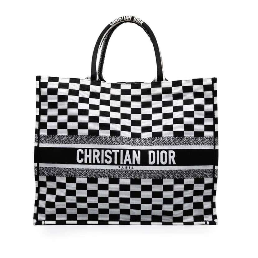 Dior Large Embroidered Canvas Checkered Book Tote White Canvas Good condition - Front View