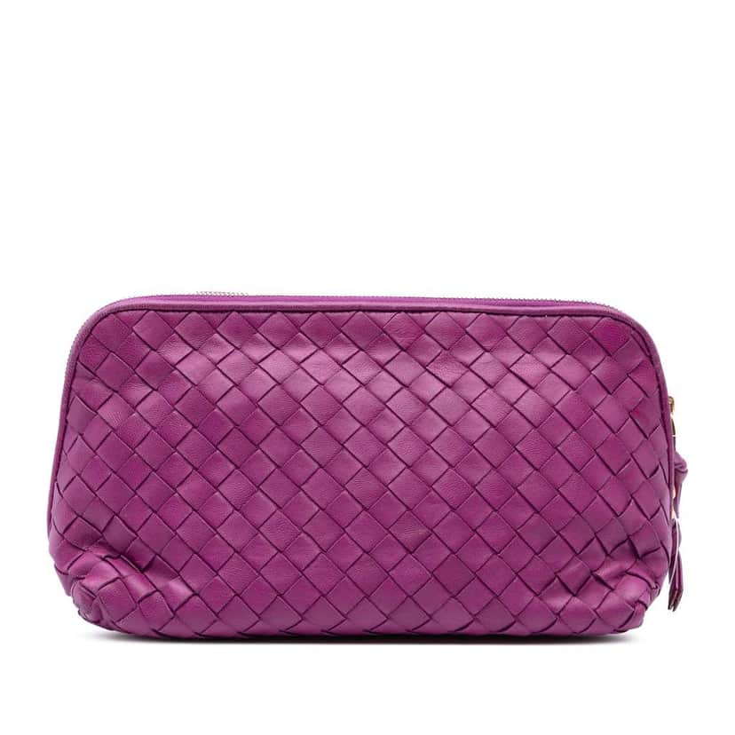 Bottega Veneta Nappa Intrecciato Cosmetic Pouch Purple Leather Good condition - Front View