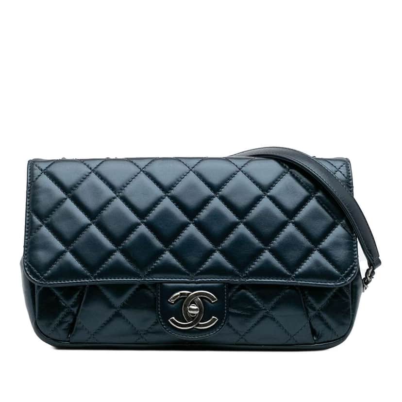 Chanel Medium Quilted Glazed Calfskin Coco Pleats Flap Blue Leather Good condition - Front View