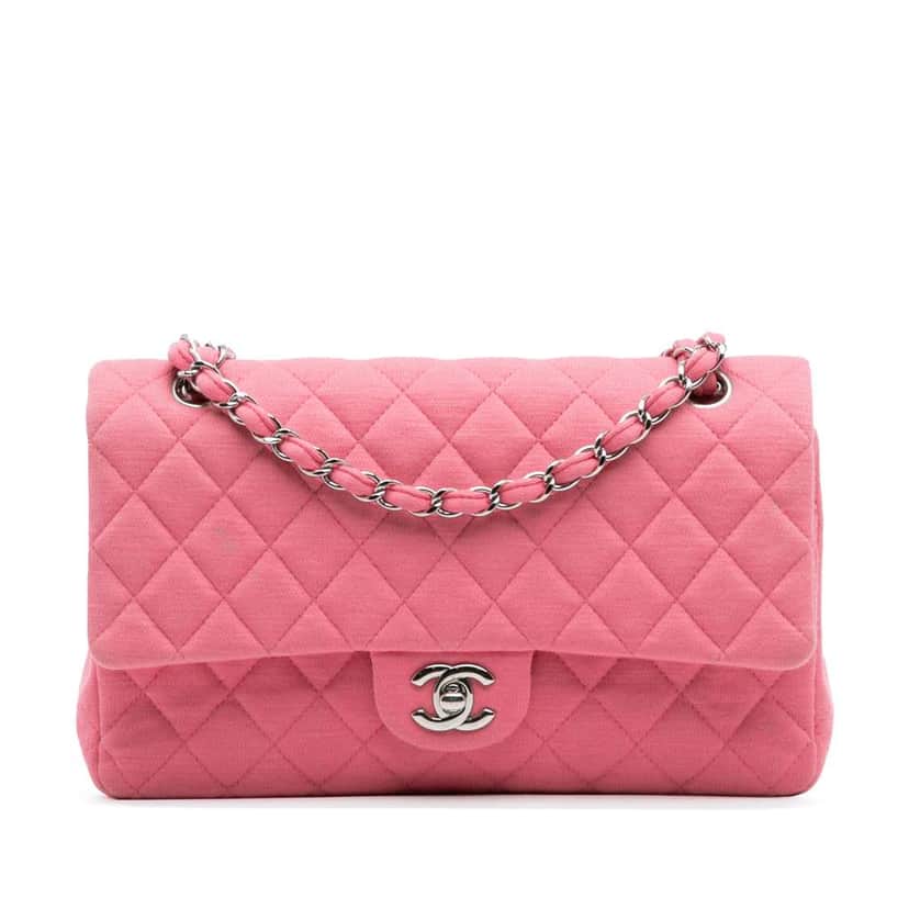 Chanel Medium Classic Jersey Double Flap Pink Cotton Good condition - Front View