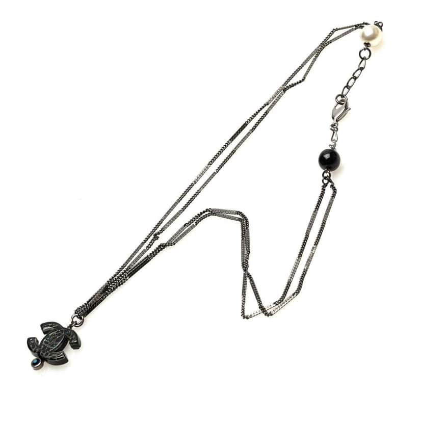 Chanel Ruthenium Resin Faux Pearl and Crystal Double Chain Necklace Black Brass Good condition - Front View