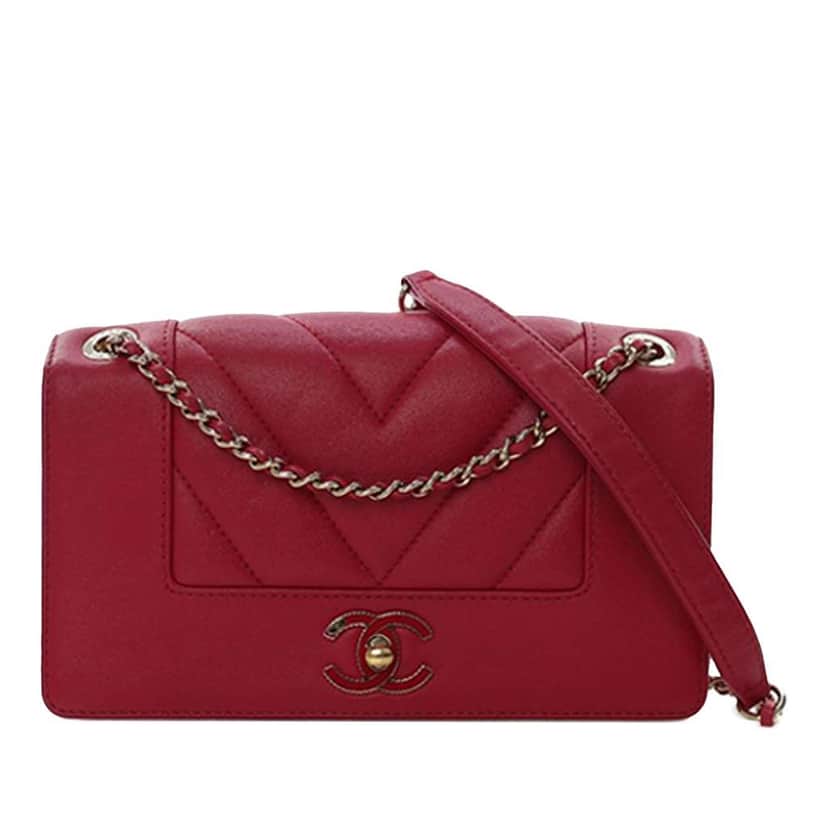 Chanel Mini Quilted Chevron Sheepskin Mademoiselle Vintage Flap Red Leather Good condition - Front View