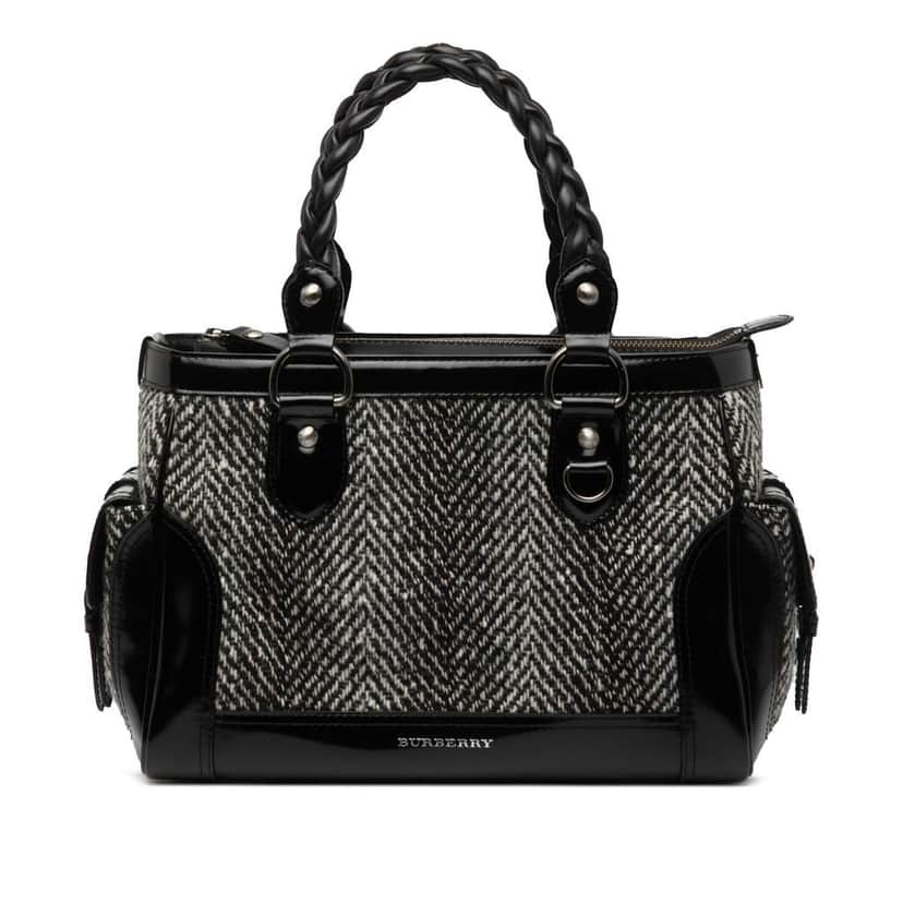 Burberry Leather Trimmed Wool Cargo Handbag Black Wool Good condition - Front View