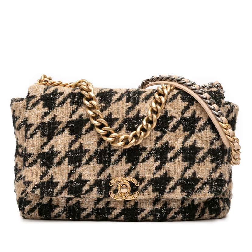 Chanel Maxi Tweed Houndstooth 19 Flap Brown Tweed Good condition - Front View