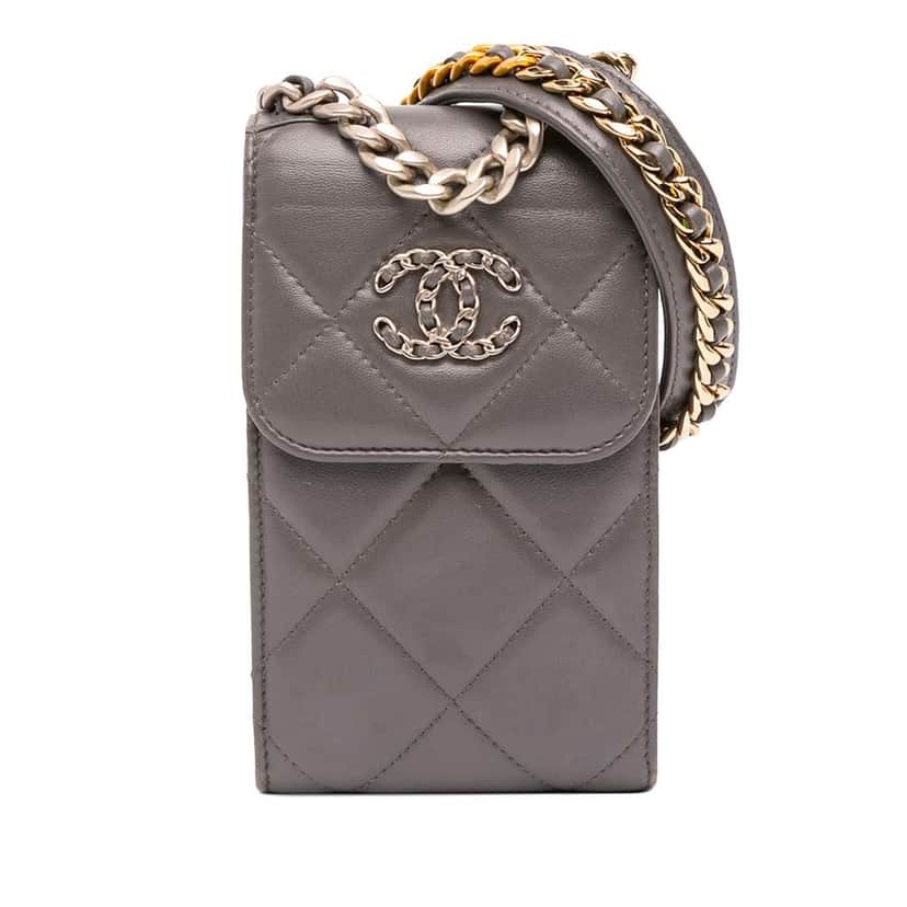 Chanel Lambskin 19 Phone Holder with Chain Grey Leather Good condition - Front View