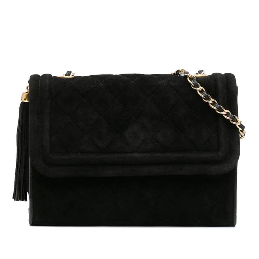 Chanel Quilted Suede Tassel Flap Black Leather Very good condition - Front View