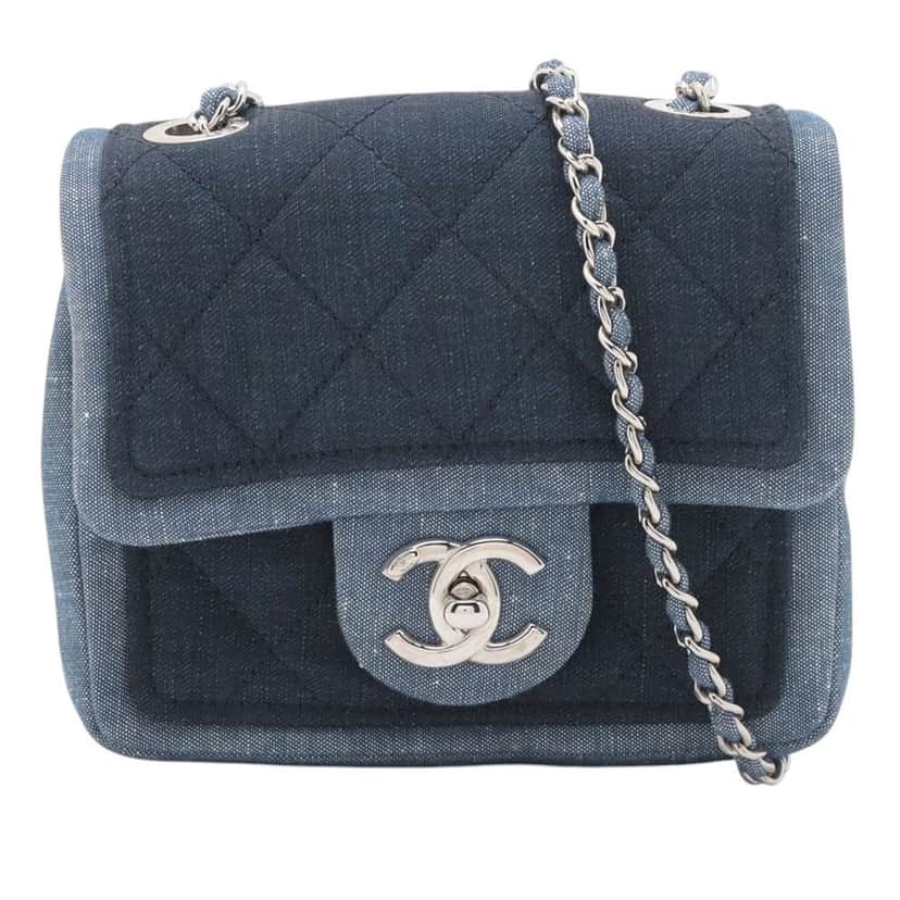 Chanel Mini Square Bicolor Quilted Denim Medallion Flap Blue Denim Good condition - Front View