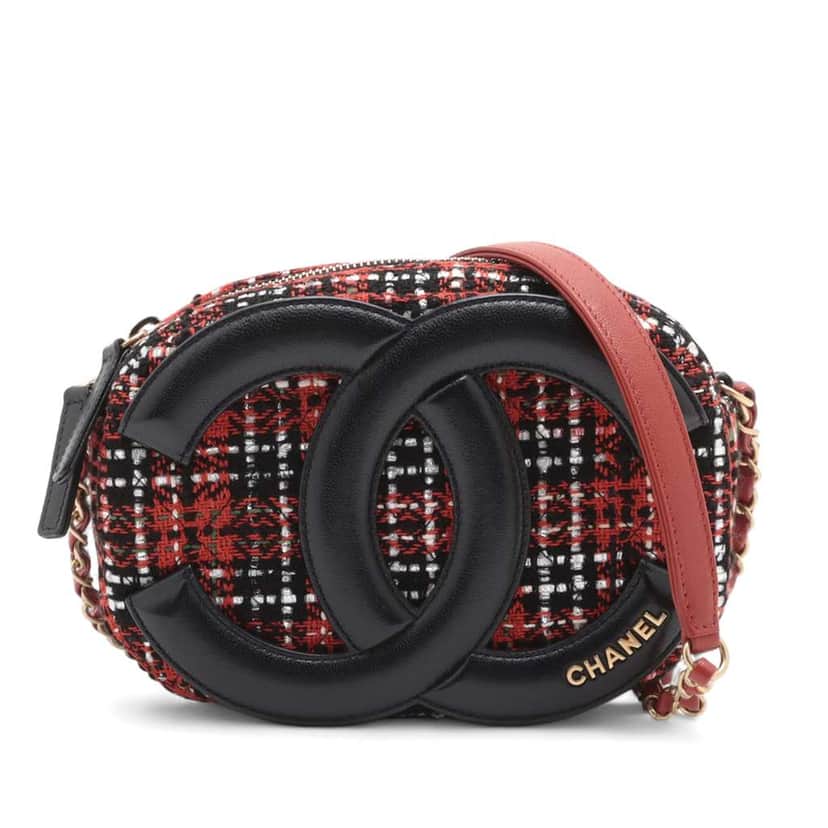 Chanel Tweed and Lambskin Coco Midnight Camera Bag Red Tweed Very good condition - Front View