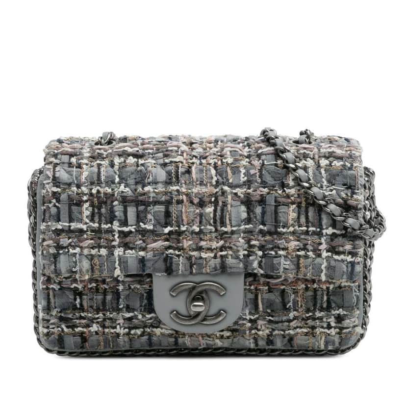 Chanel Mini Quilted Tweed River of Pearls Flap Grey Tweed Good condition - Front View