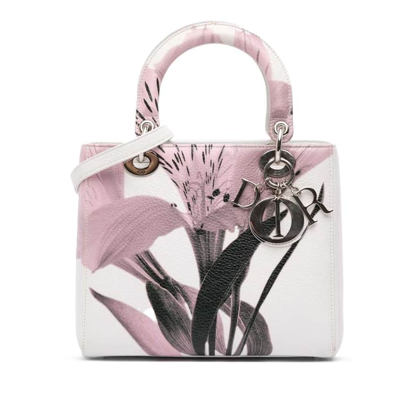 Dior Medium Deerskin Floral Printed Lady Dior White Leather Good condition - Front View