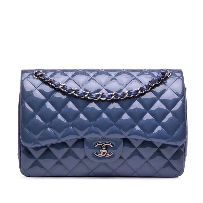 Chanel Jumbo Classic Patent Double Flap Blue Leather Good condition - Front View