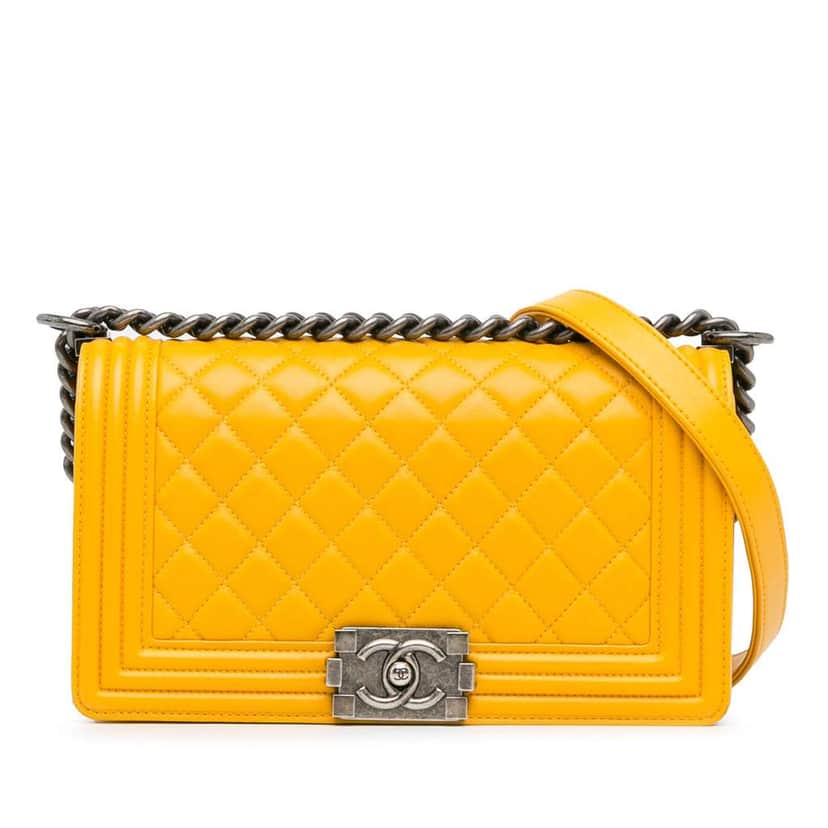 Chanel Old Medium Quilted Lambskin Boy Flap Yellow Leather Good condition - Front View