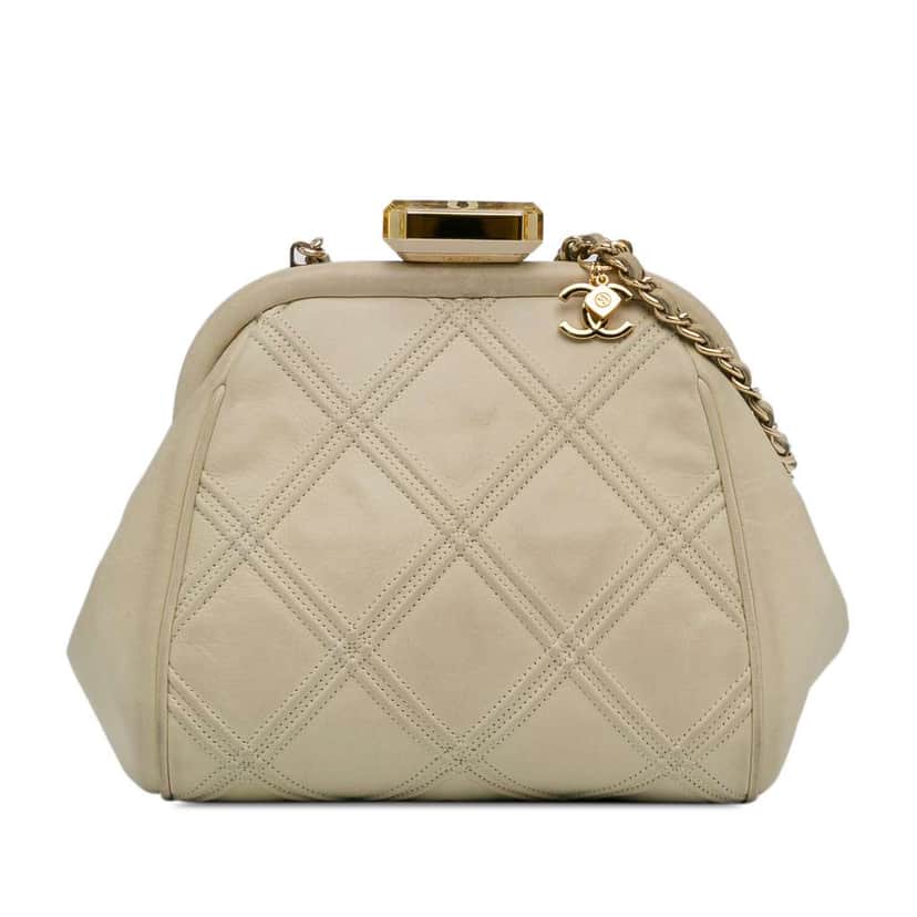 Chanel Calfskin Kiss Lock Frame Bag White Leather Good condition - Front View