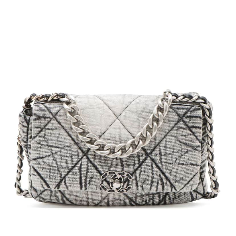 Chanel Large Quilted Washed Denim 19 Flap Grey Denim Good condition - Front View