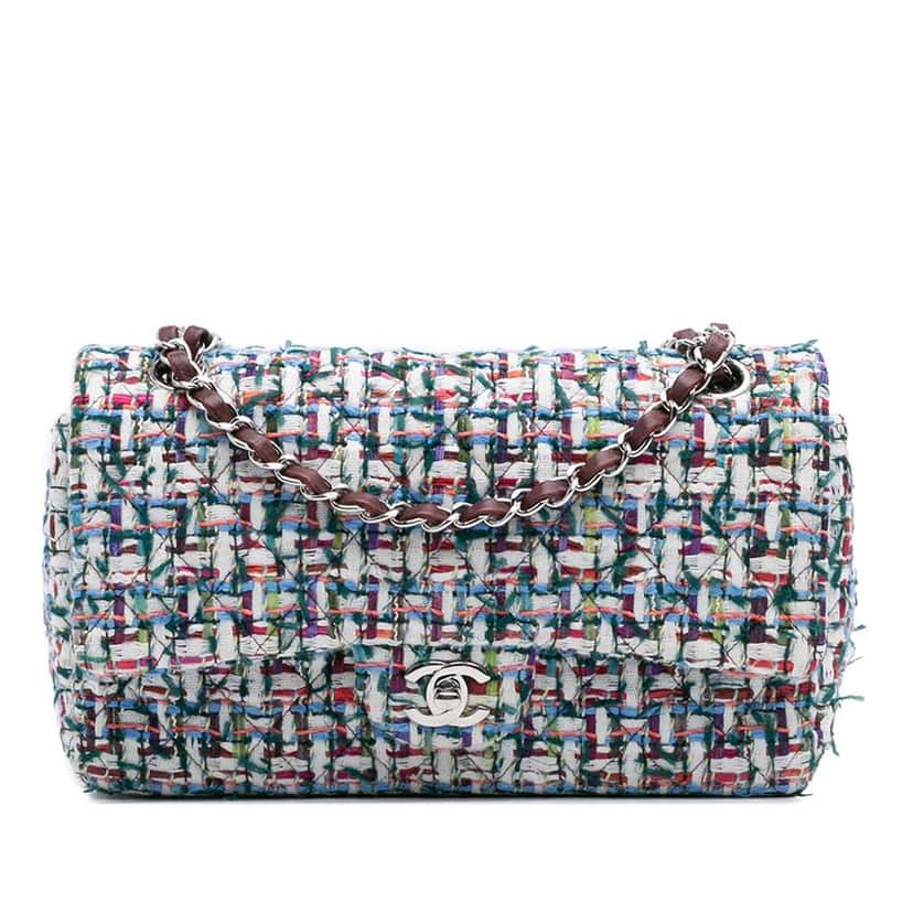 Chanel Medium Classic Tweed Double Flap White Tweed Good condition - Front View