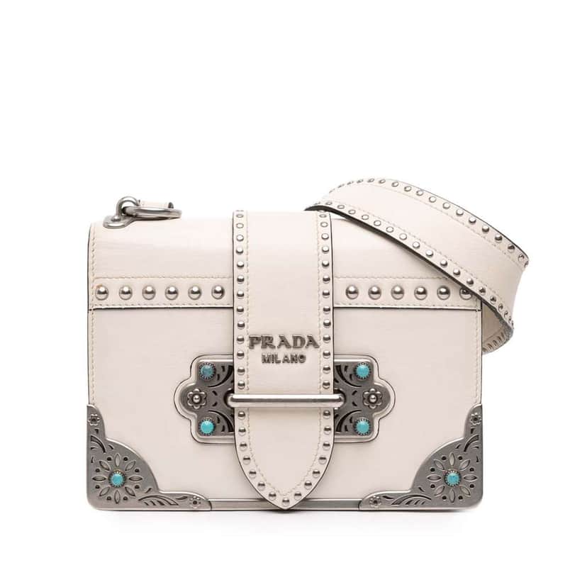 Prada City Calf Studded Folk Cahier Crossbody White Leather Good condition - Front View