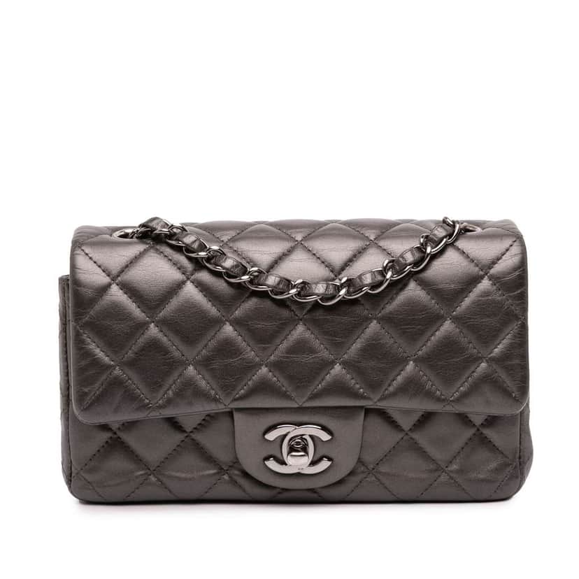 Chanel Mini Rectangular Classic Metallic Lambskin Single Flap Grey Leather Good condition - Front View