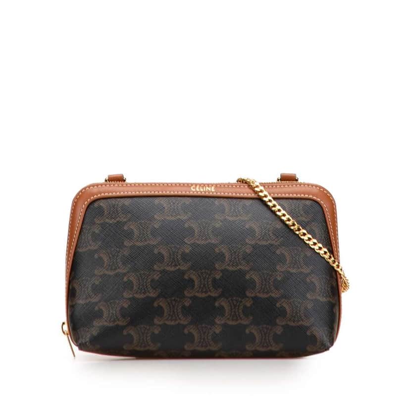 Celine Triomphe Coated Canvas Clutch On Chain Brown Canvas Good condition - Front View