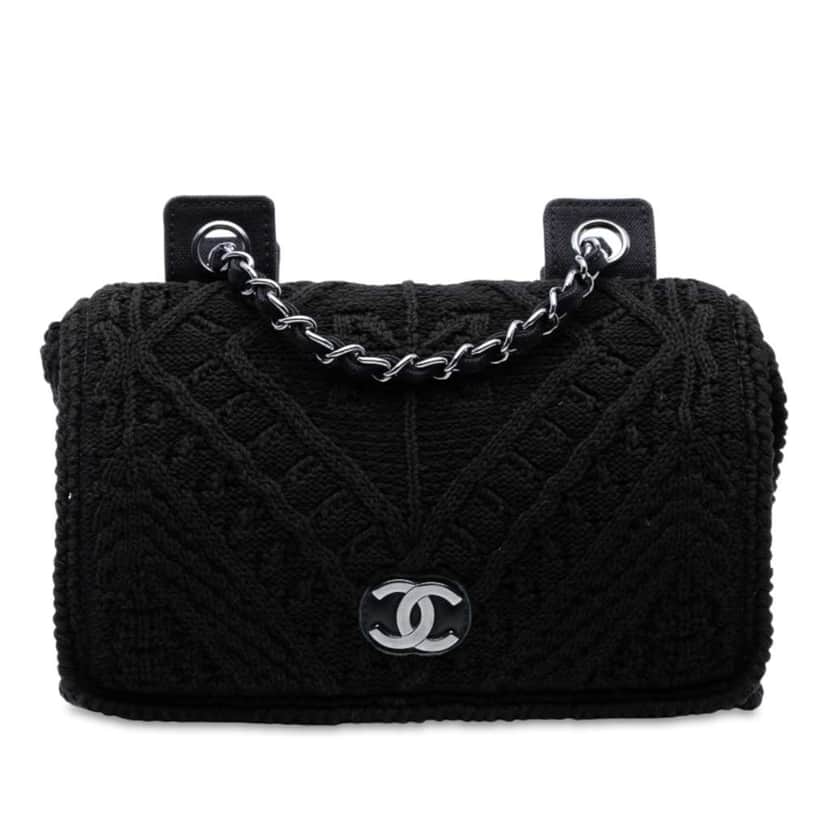 Chanel CC Medium Woven Crochet Knit Single Flap Black Wool Good condition - Front View