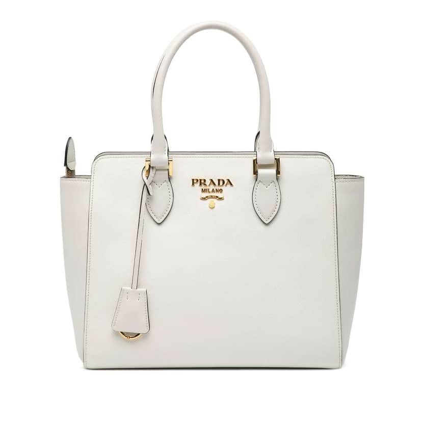 Prada Small Soft Calf Trimmed Saffiano Zippered Tote White Leather Good condition - Front View