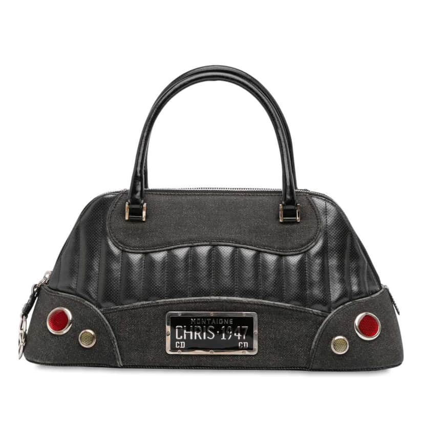 Dior Perforated Leather and Denim Montaigne Chris 1947 Cadillac Top Handle Bag Black Leather Fair condition - Front View