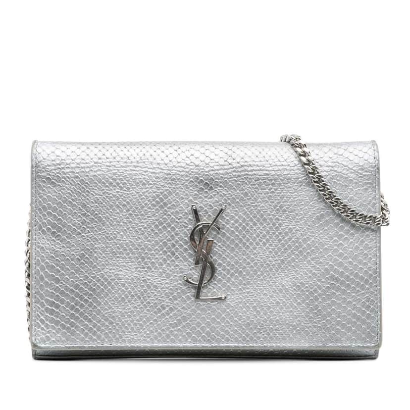 Saint Laurent Metallic Python Embossed Leather Monogram Kate Wallet on Chain Silver Leather Good condition - Front View