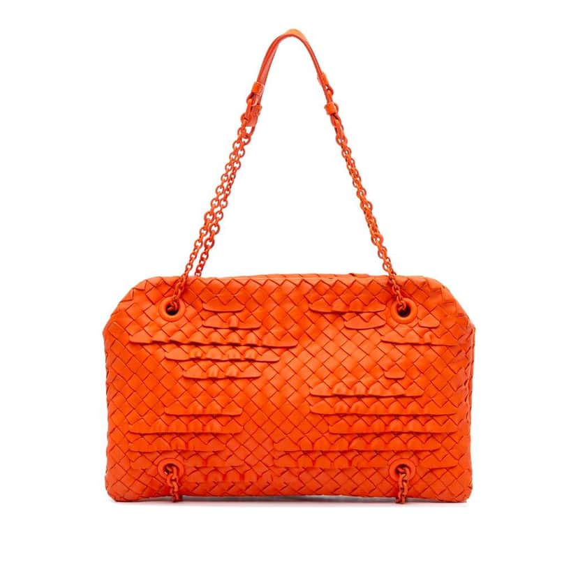 Bottega Veneta Nappa Intrecciato Ruffle Duo Shoulder Bag Orange Leather Good condition - Front View