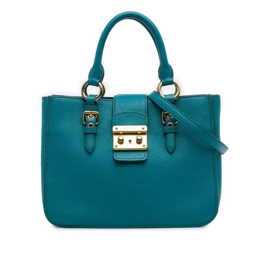 Miu Miu Goatskin Madras Satchel Blue Leather Good condition - Front View