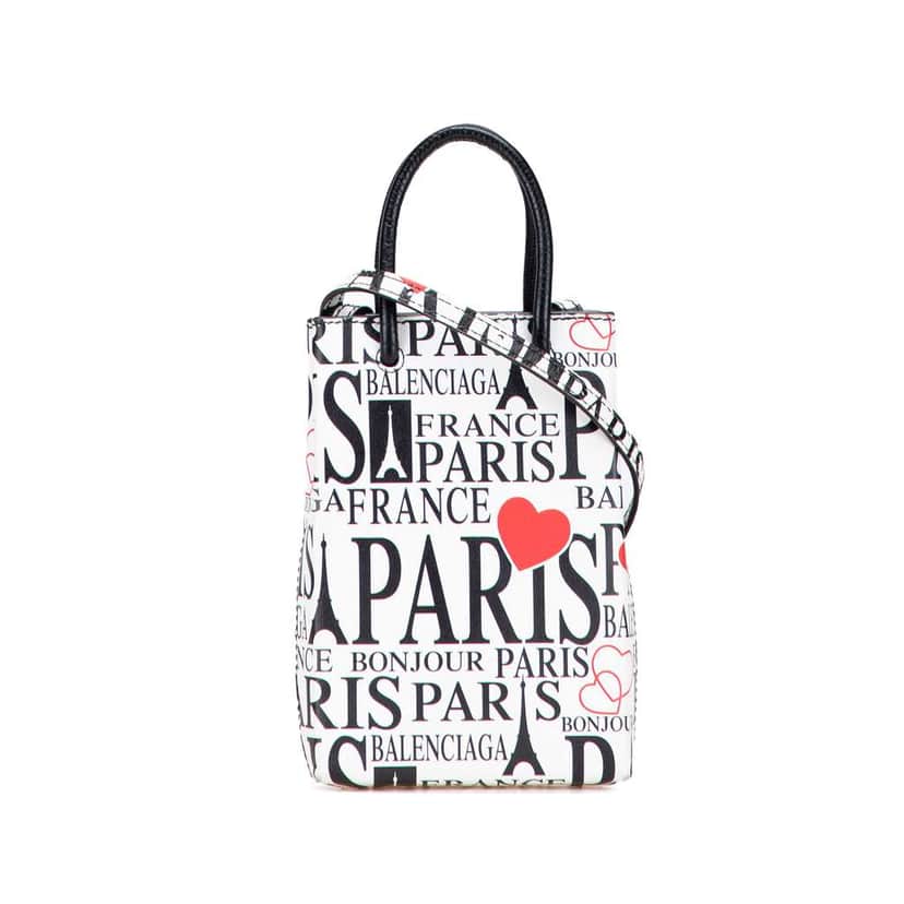 Balenciaga Mini Calfskin Bonjour Paris Shopping Phone Holder White Leather Very good condition - Front View