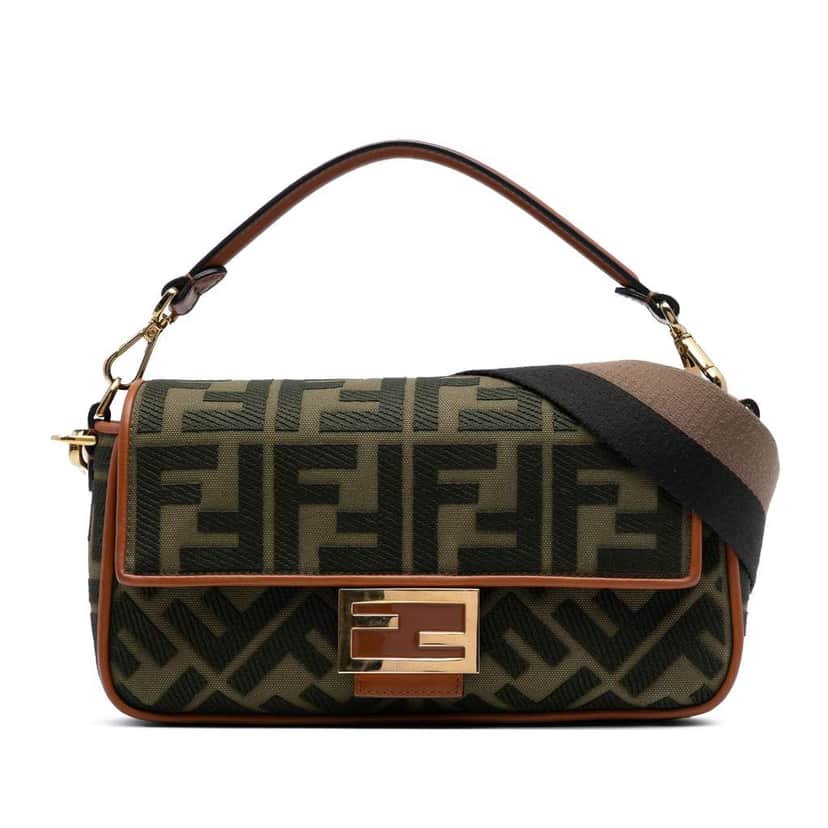 Fendi Zucca Embroidered Canvas Baguette Satchel Green Canvas Good condition - Front View