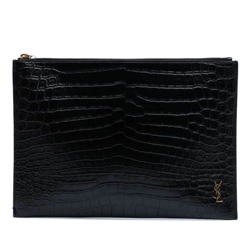 Saint Laurent Croc Embossed Leather Tiny Monogram Zipped Tablet Holder Black Leather Good condition - Front View