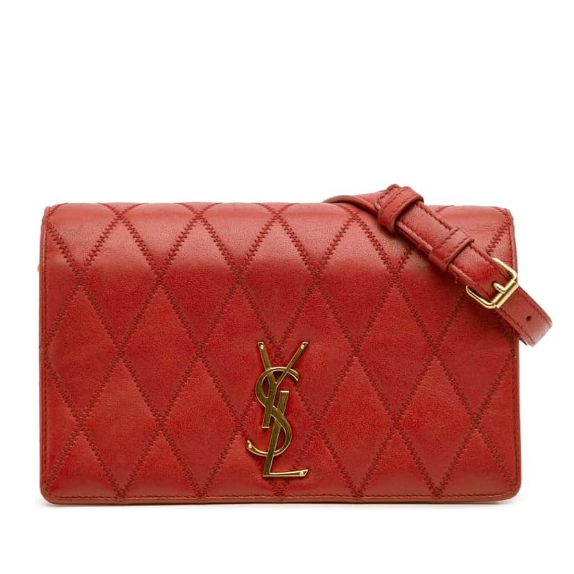 Saint Laurent Diamond Quilted Lambskin Angie Chain Bag Red Leather Very good condition - Front View
