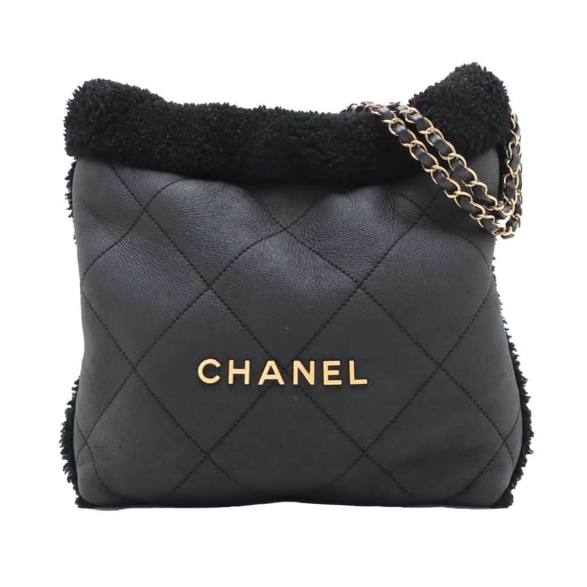 Chanel Small Quilted Aged Lambskin and Shearling 22 Handbag Black Leather Good condition - Front View