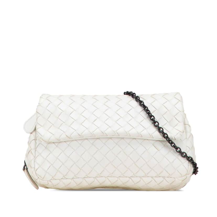 Bottega Veneta Mini Nappa Intrecciato Expandable Chain Flap Crossbody White Leather Good condition - Front View