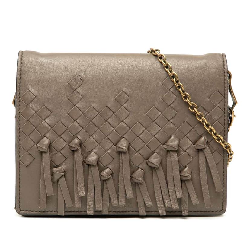 Bottega Veneta Nappa Intrecciato Fringe Wallet on Chain Brown Leather Good condition - Front View