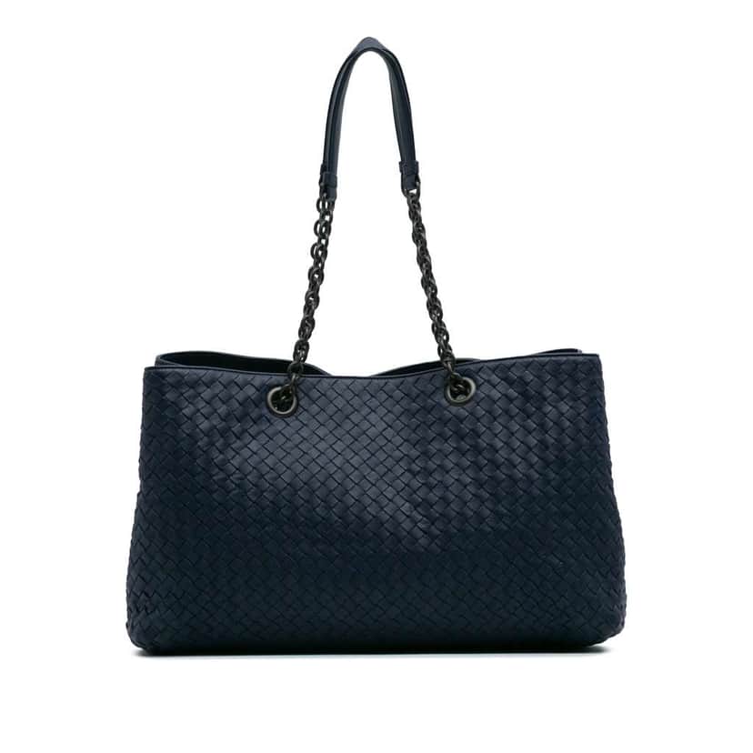 Bottega Veneta Large Nappa Intrecciato Classic Chain Strap Tote Blue Leather Good condition - Front View